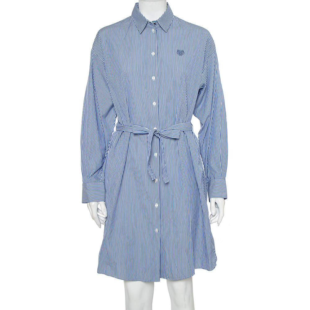 Kenzo Blue & White Striped Cotton Belted Shirt Dress S