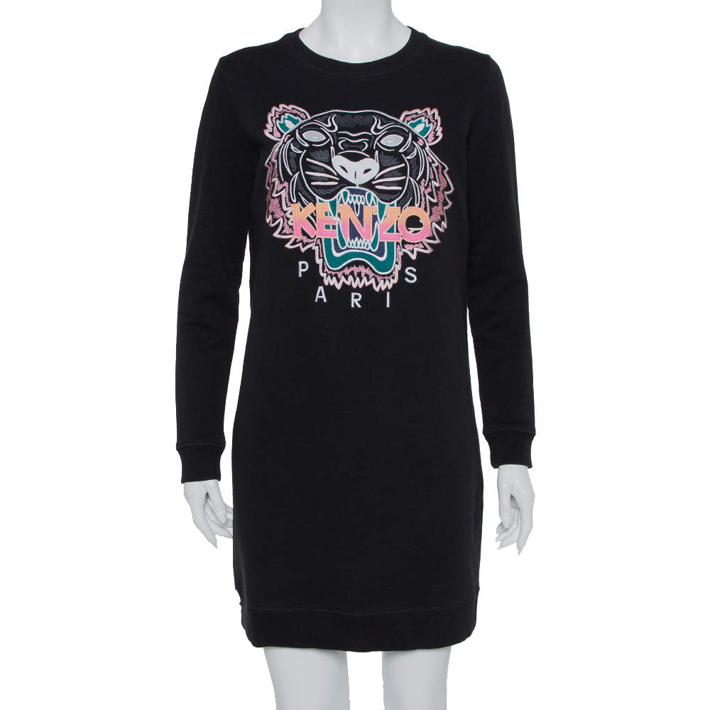 Kenzo Black Tiger Embroidered Cotton T-Shirt Dress M