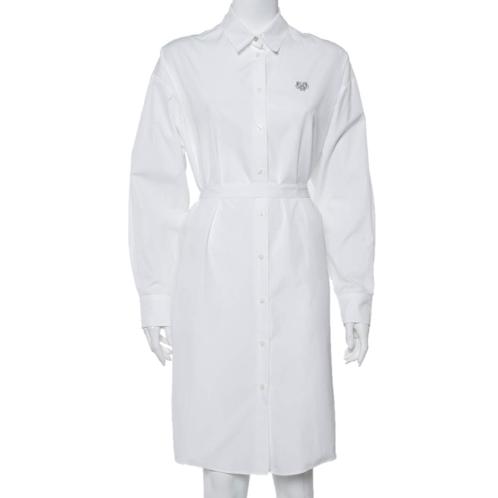 Pre Owned Kenzo White Tiger Embroidered Cotton Belted Shirt Dress S
