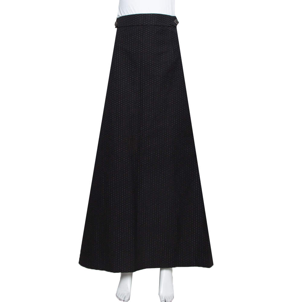 Pre Owned Kenzo Black Cotton Polka Dot Pleated Back Detail Maxi Skirt L