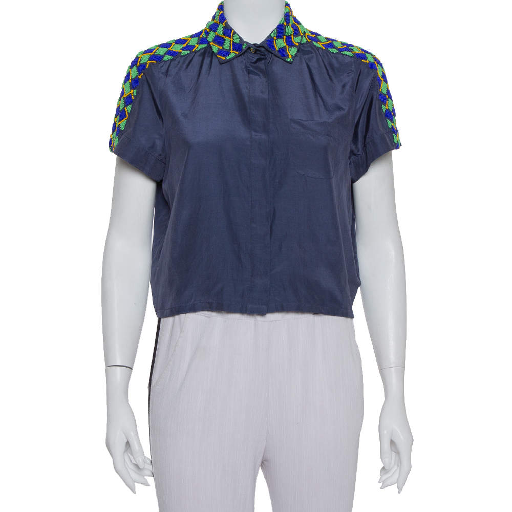 مملوكة مسبقًا Kenzo Dark Grey Cotton & Silk Bead Embellished Button Front Crop Top S