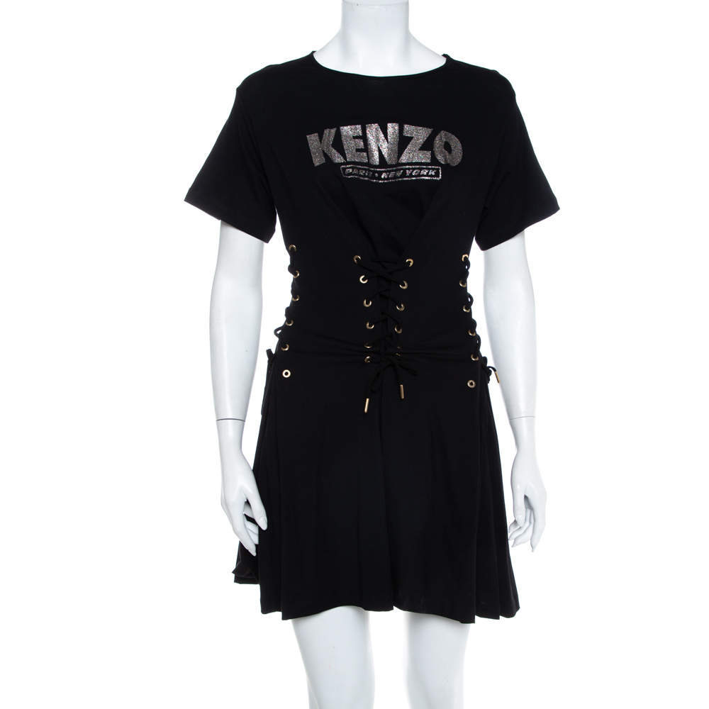 Pre Owned Kenzo Black Logo Printed Knit Corset Detail Mini Dress XS