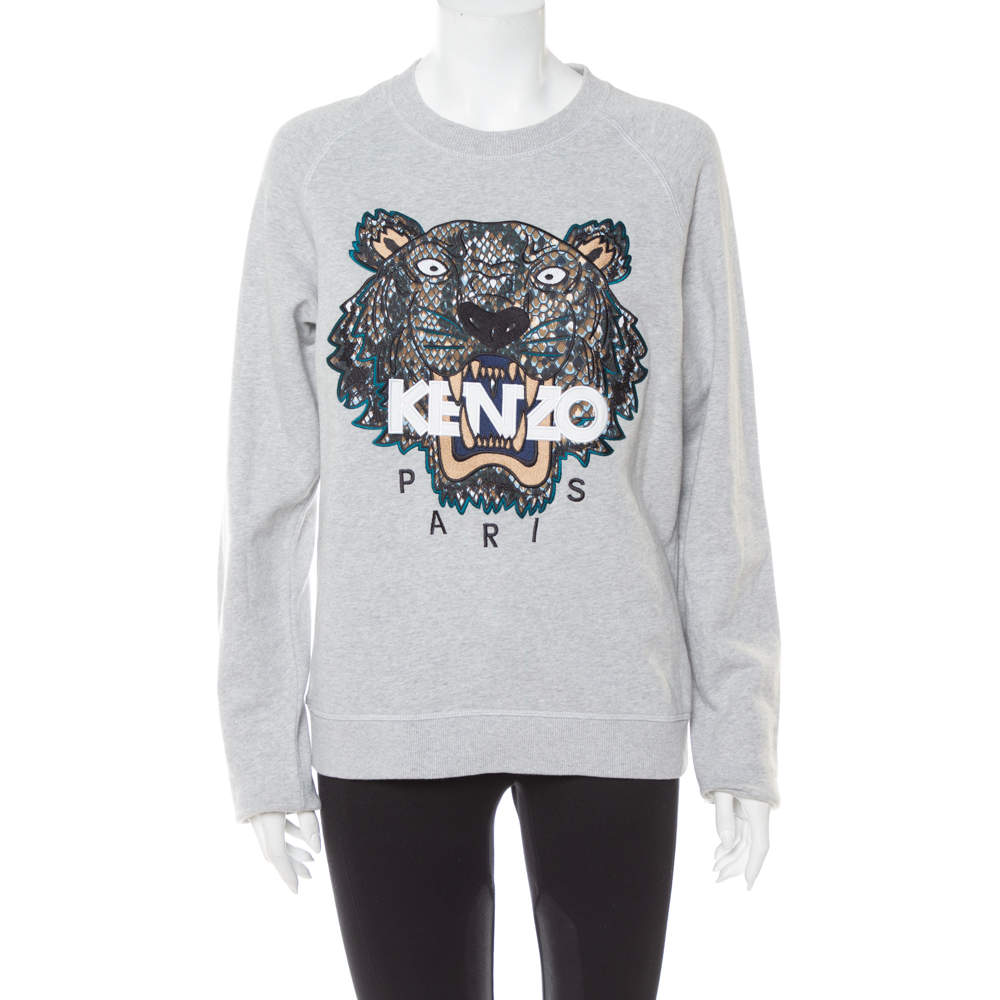 مملوكة مسبقًا Kenzo Grey Tiger Motif Embroidered Cotton Crewneck Sweatshirt S