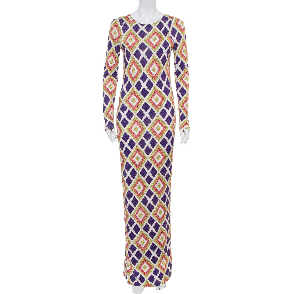 Pre Owned Kenzo Multicolor Printed Knit Slit Detail Maxi Dress M