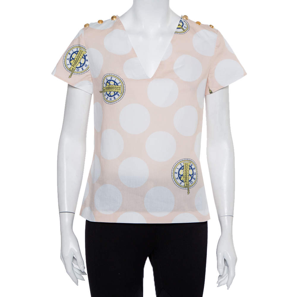 Pre Owned Kenzo Beige Polka Dot Logo Printed Cotton V-Neck Top S