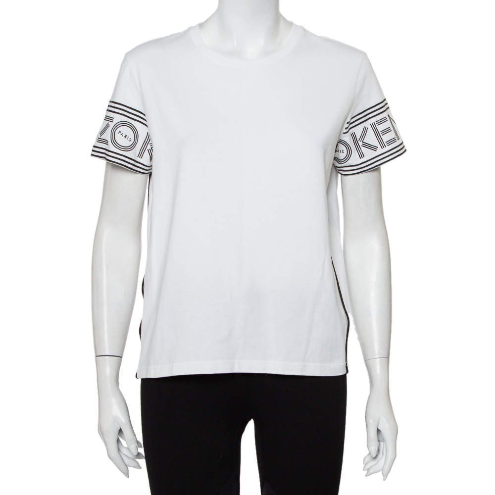 Pre Owned Kenzo White Cotton Logo Printed Sleeve Crewneck T-Shirt M