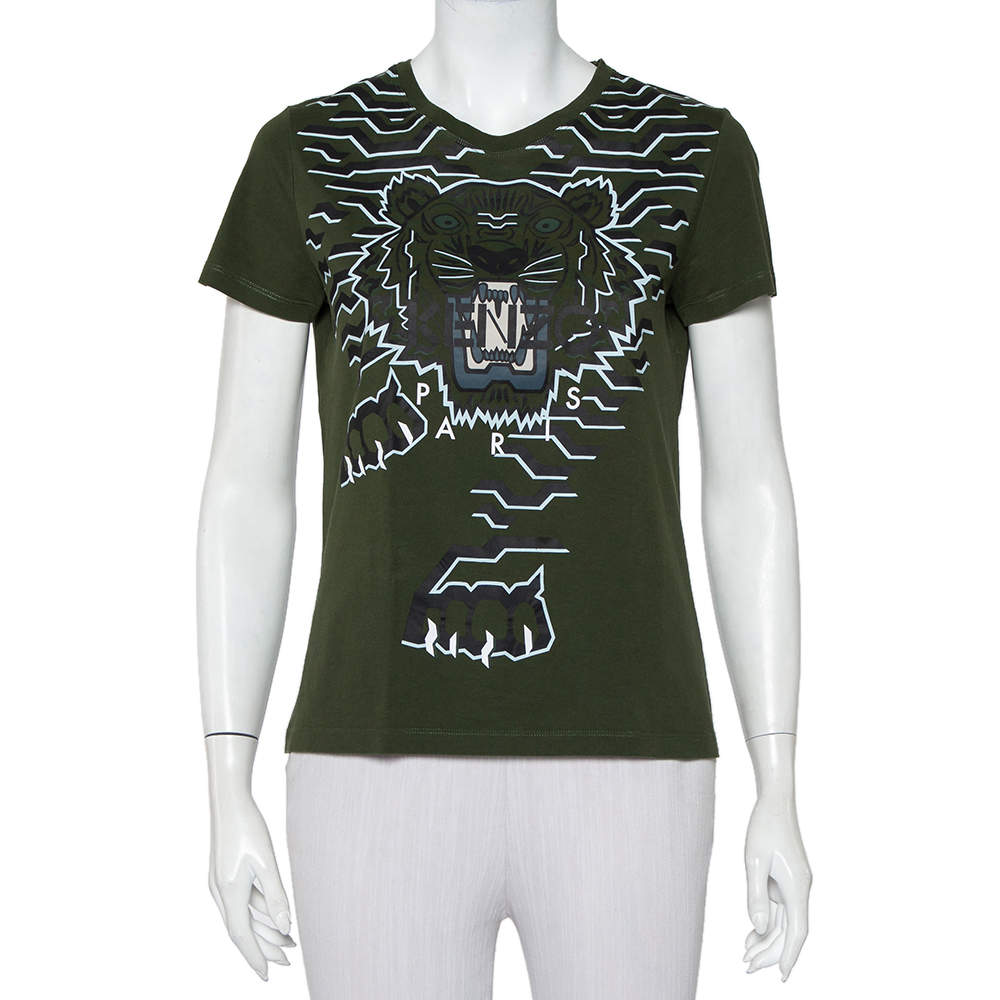 مملوكة مسبقًا Kenzo Green Geo Tiger Printed Cotton Crewneck T-Shirt S