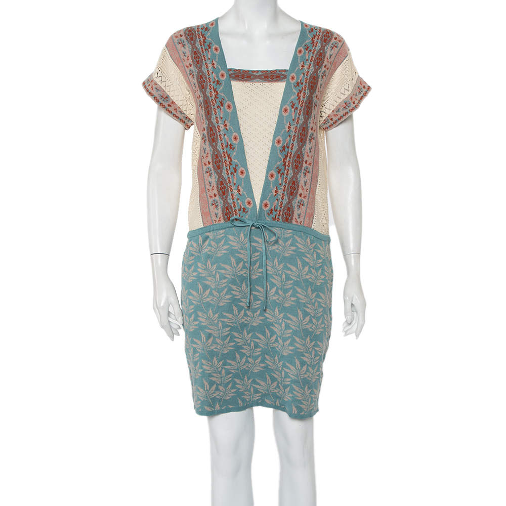 Pre Owned Kenzo Blue Floral Jacquard Knit & Pointelle Paneled Oversized Dress S