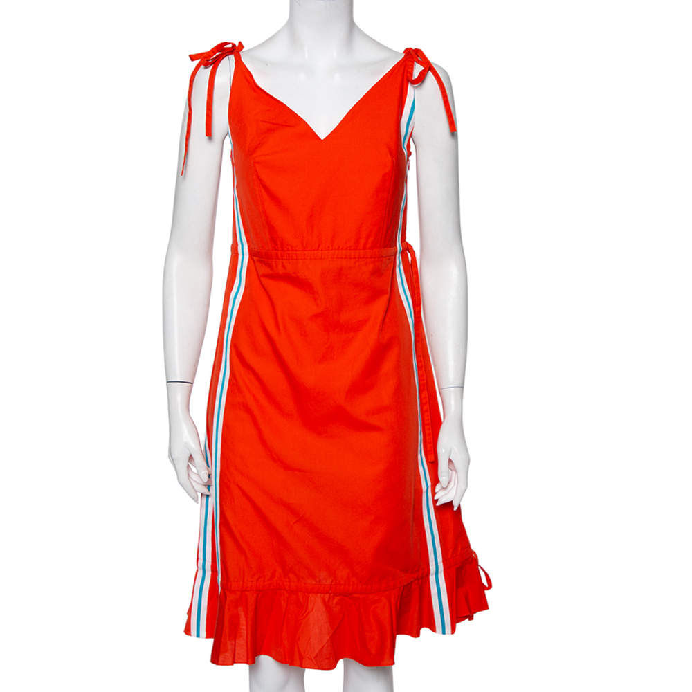 Pre Owned Kenzo Orange Cotton Striped Trim Tie Detail Ruffled Dress M