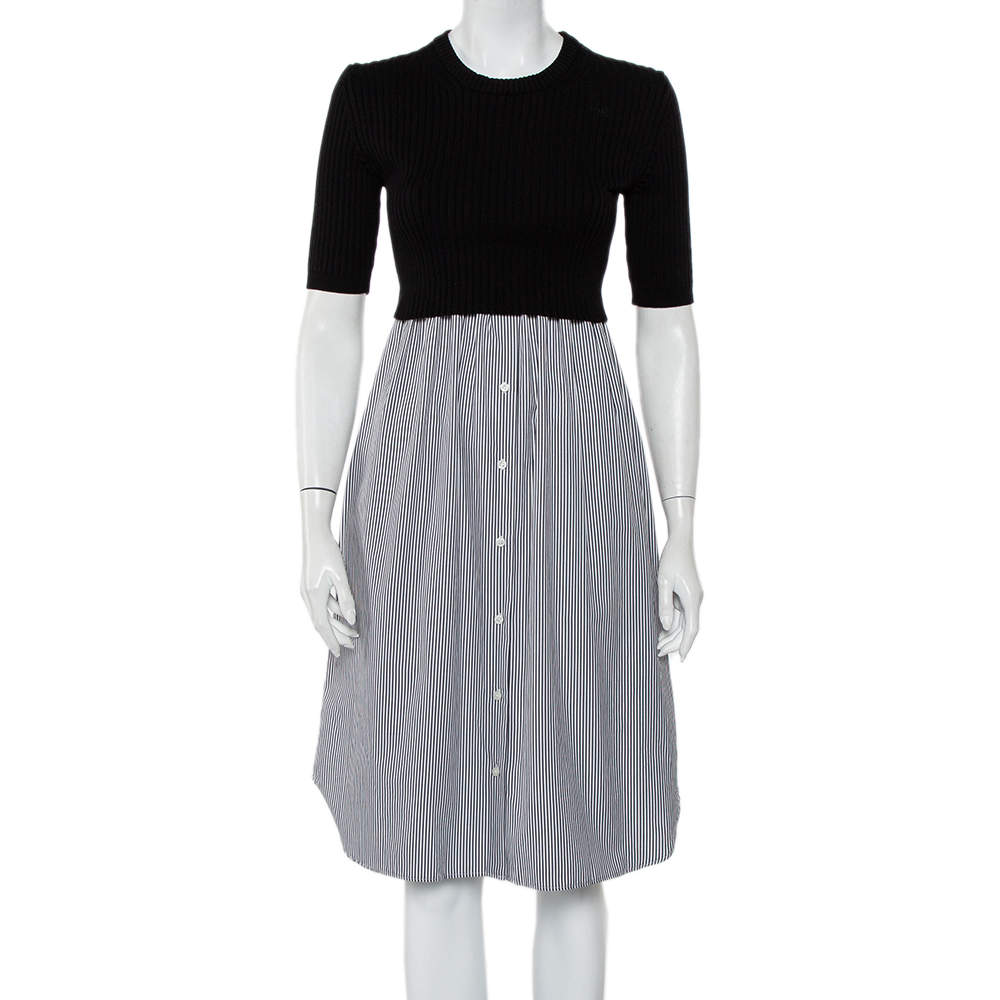 Pre Owned Kenzo Black Knit & Striped Cotton Paneled Midi Dress S