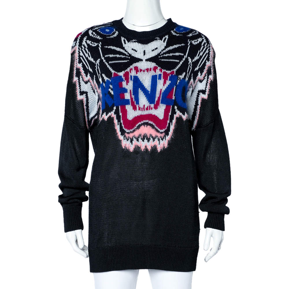 Kenzo Black Tiger Motif Jacquard Knit Oversized Sweater M