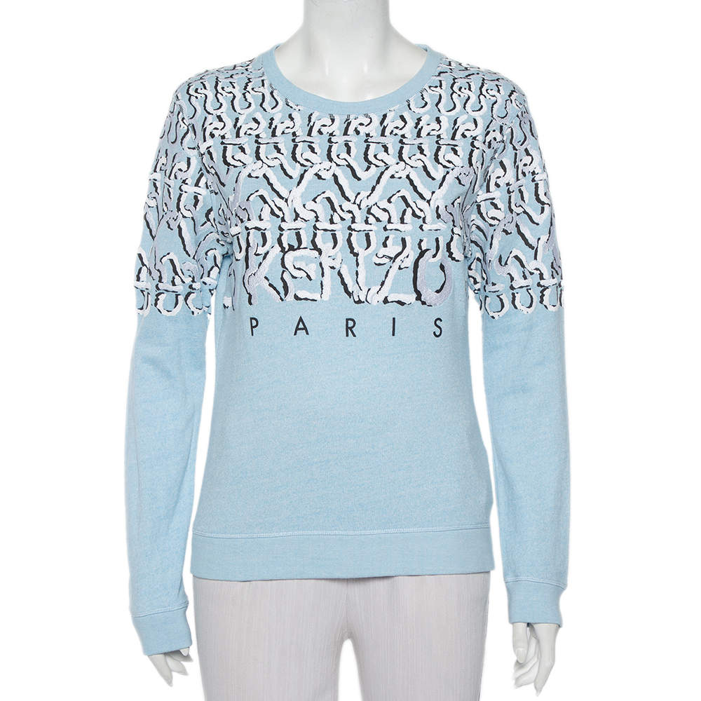 مملوكة مسبقًا Kenzo Blue Cotton Logo Embroidered Crewneck Sweatshirt L