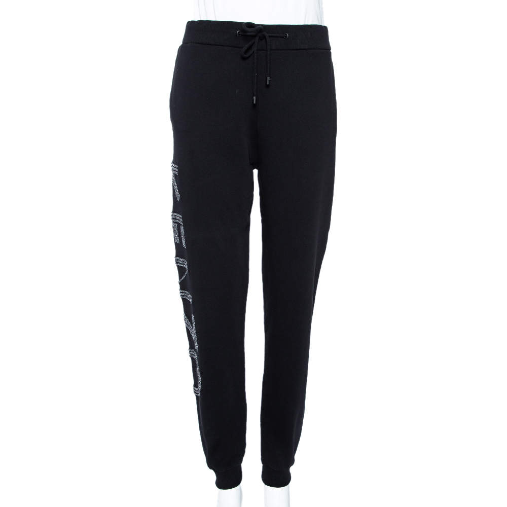 Pre Owned Kenzo Black Cotton Knit Logo Detail Joggers L
