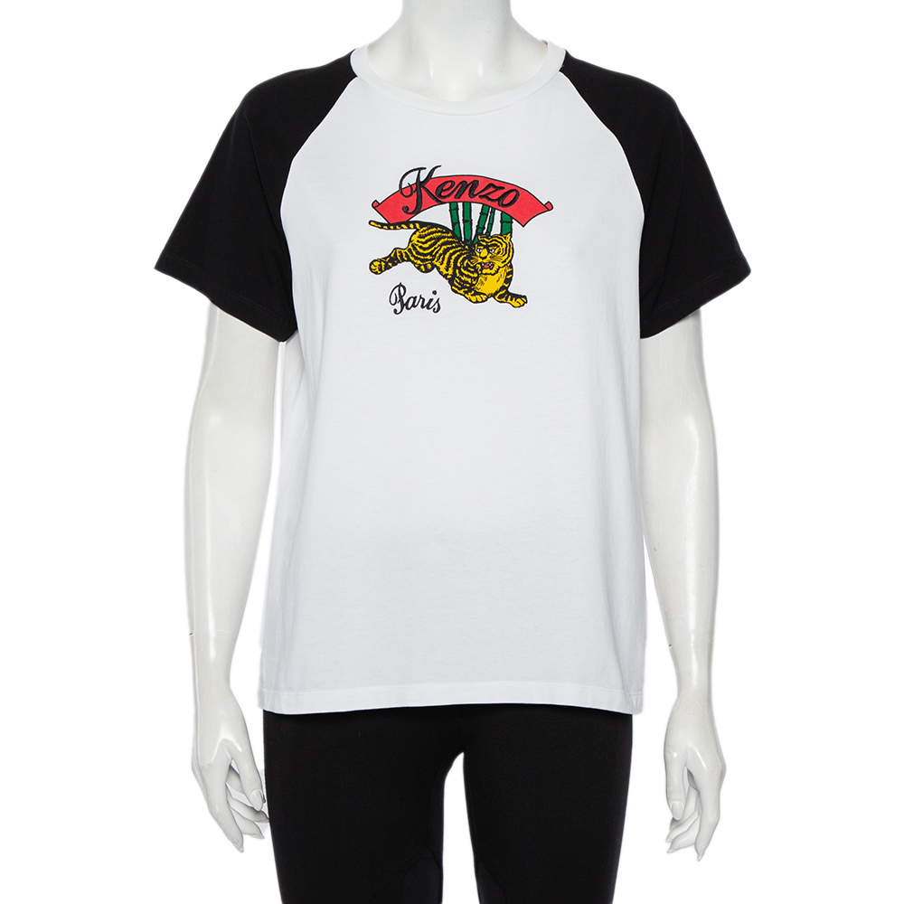 مملوكة مسبقًا تي شيرت كينزو مومينتو قطن طبعة تايغر أبيض بأكمام قصيرة مقاس كبير - لارج 