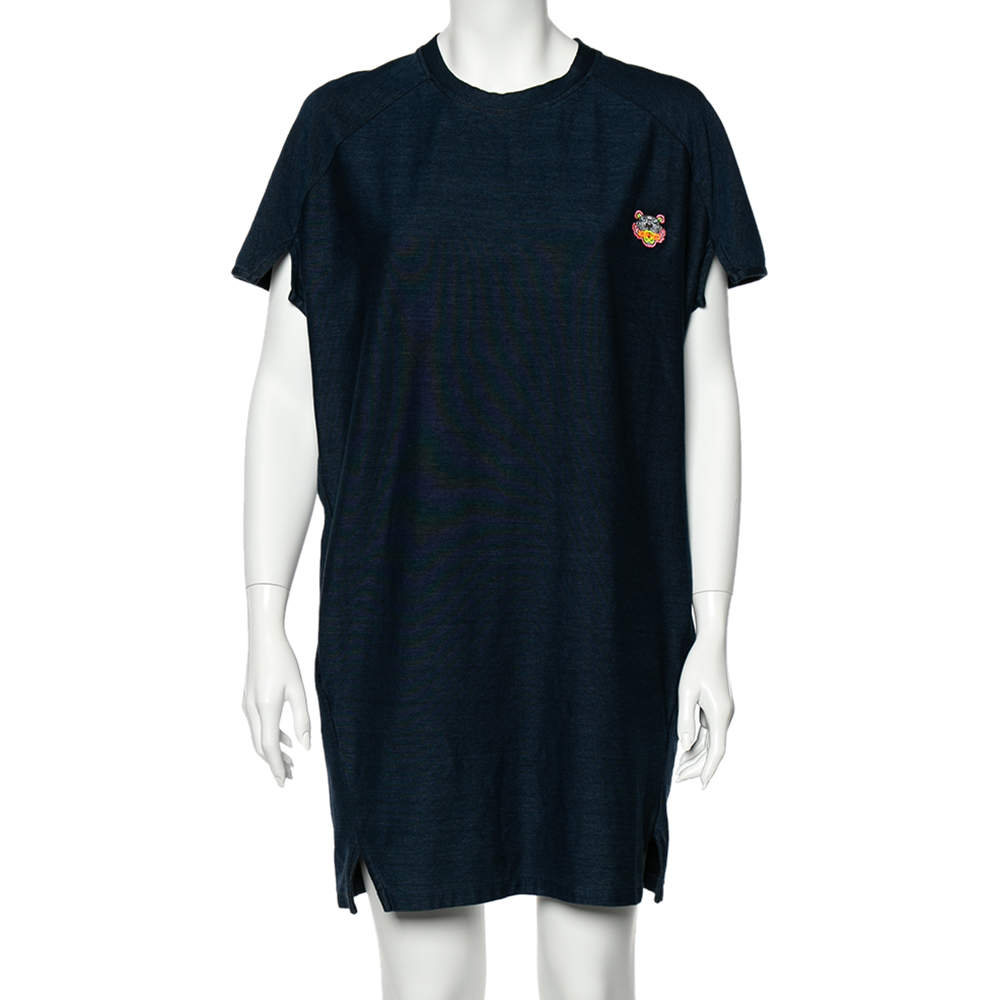 مملوكة مسبقًا Kenzo Navy Blue Cotton Tiger Logo Detail T-Shirt Dress M 