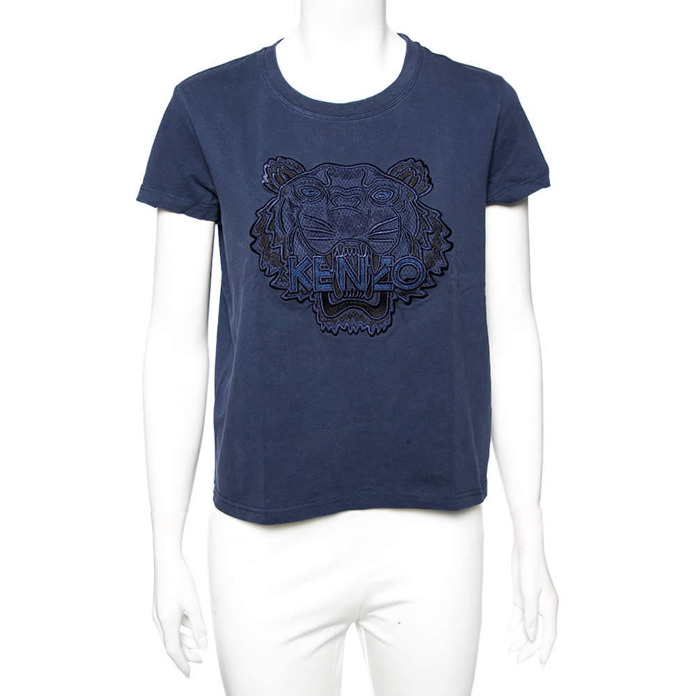 Pre Owned Kenzo Blue Cotton Tiger Embroidered Detail Round Neck T-Shirt S