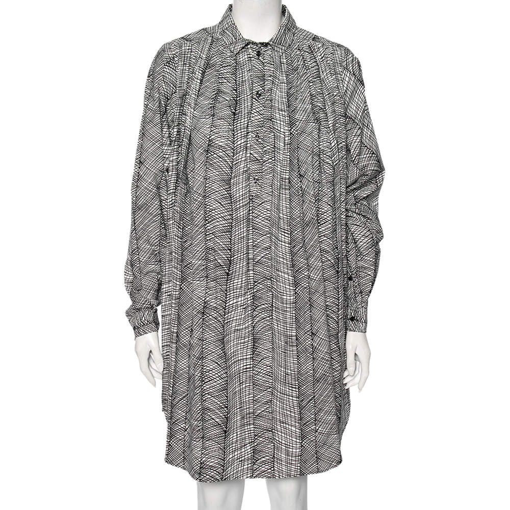 فستان قميصي كينزو فضفاض طية قطن مطبوع مونوكروم مقاس صغير