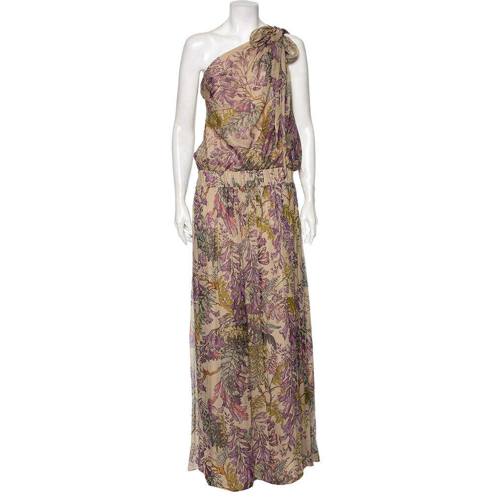 Pre Owned Kenzo Pale Beige Floral Printed Silk Cinched Waist Detail Tie-Up Maxi Dress L