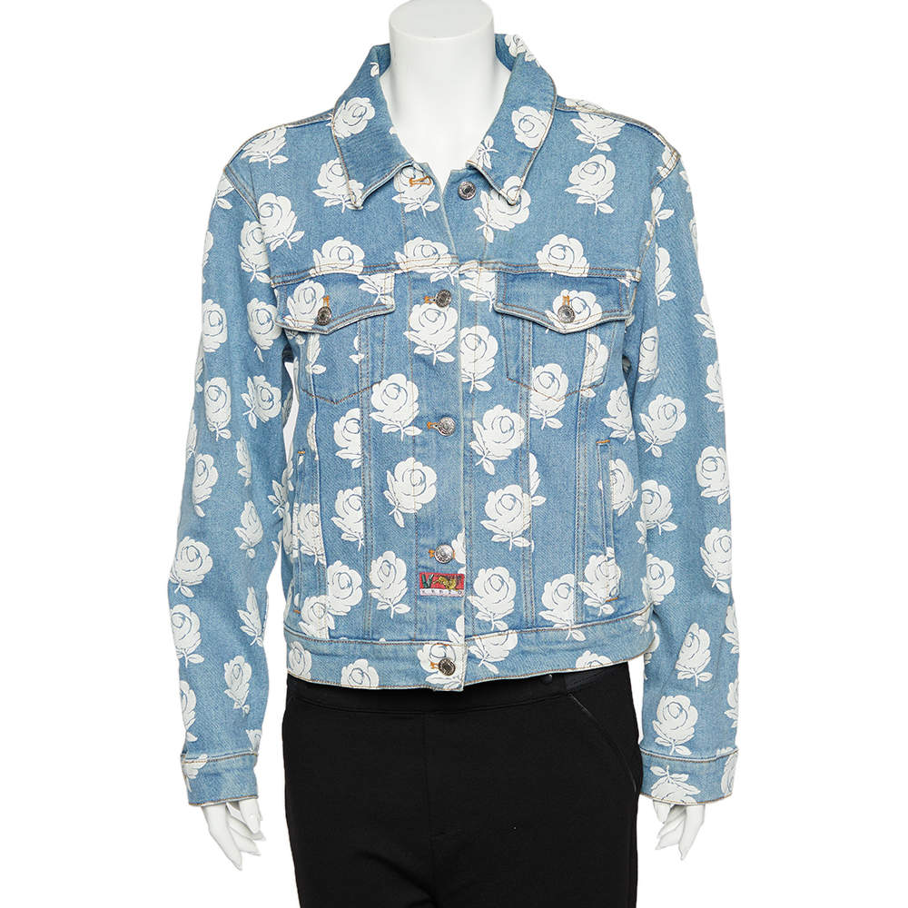 Pre Owned جاكيت كينزو دينم أزرق مطبوع ورد بأزرار أمامية مقاس كبير - لارج