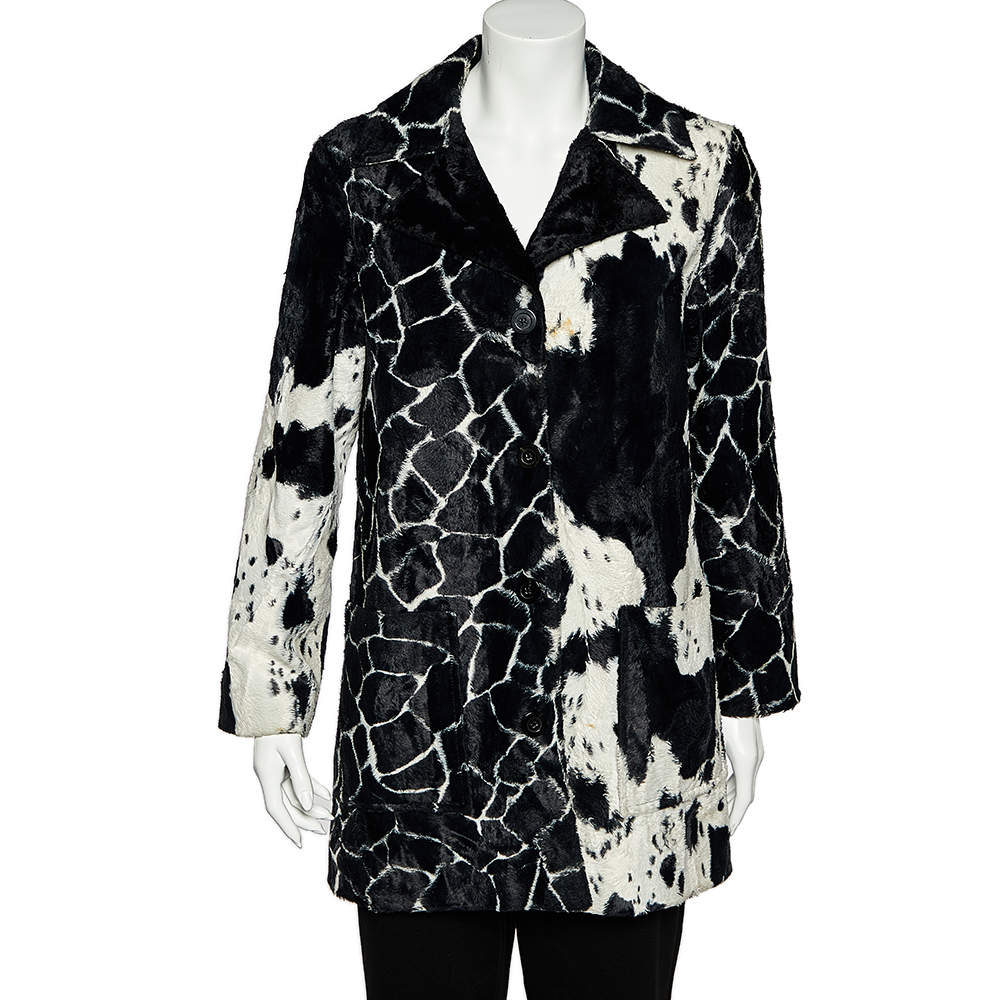Kenzo Jungle Monochrome Cow Printed Faux Fur Button Front Coat M