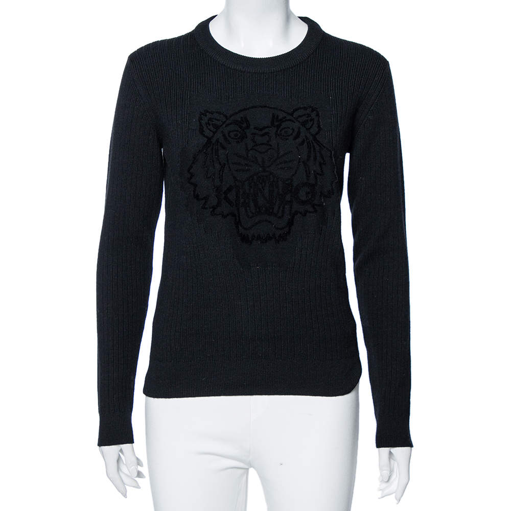 Kenzo Black Wool Knit Flocked Tiger Detailed Sweater M