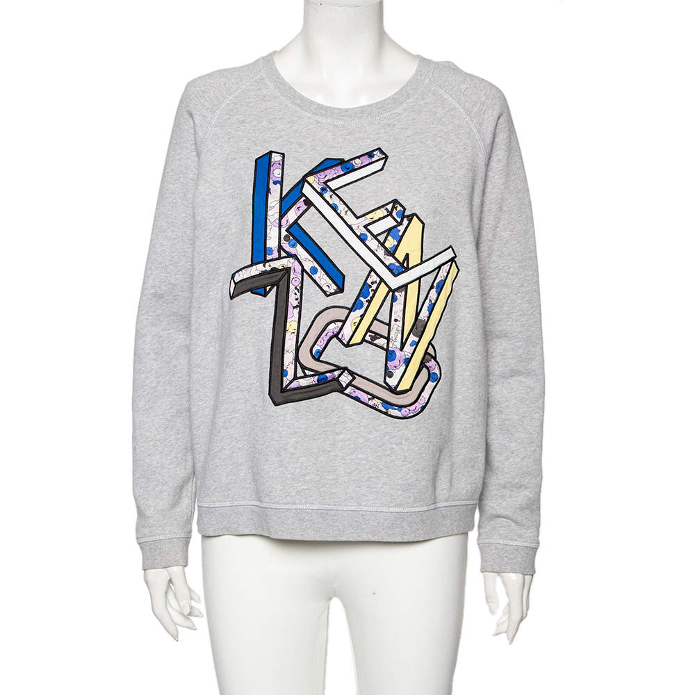 مملوكة مسبقًا Kenzo Grey Cotton Letter Logo Printed Long Sleeve Crewneck Sweatshirt L