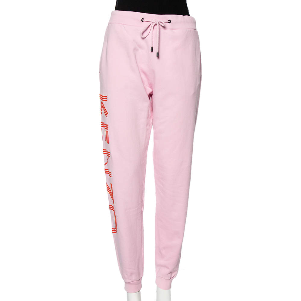 Pre Owned Kenzo Pink Cotton Rib Knit Detailed Logo Printed Sweatpants L