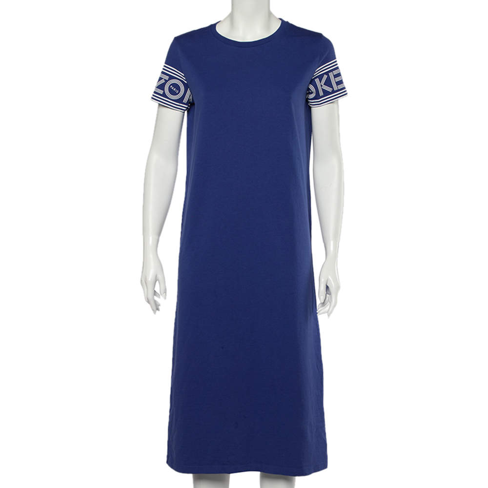 Pre Owned Kenzo Blue Cotton Logo Band Detailed Short Sleeve Midi T-Shirt Dress S 