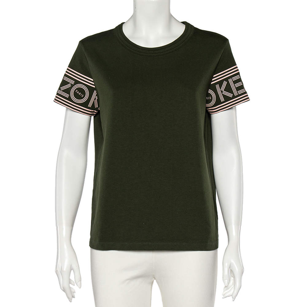 Pre Owned Kenzo Dark Green Cotton Logo Detail Round Neck T-Shirt M