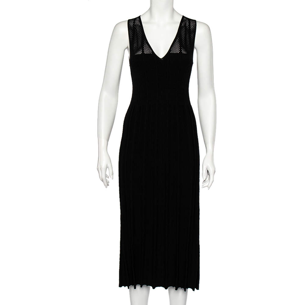 Pre Owned Kenzo Black Knit Cut-Out Detail Pleated Midi Dress S