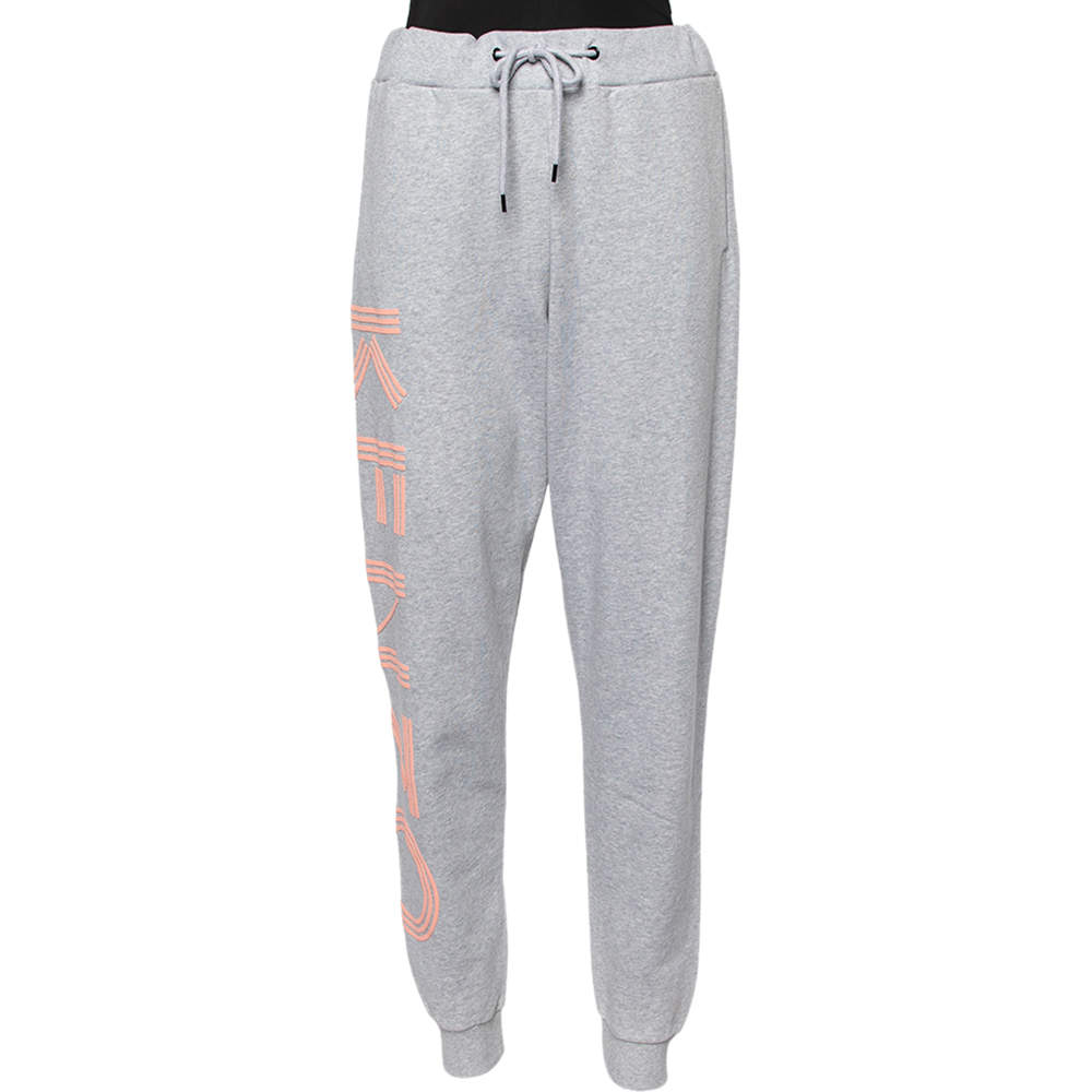 Pre Owned Kenzo Grey Logo Print Jersey Jogging Pants M