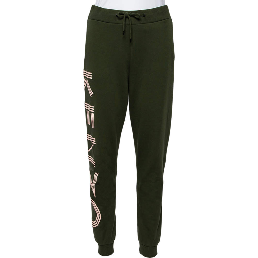 Pre Owned Kenzo Dark Green Logo Print Jersey Jogging Pants S