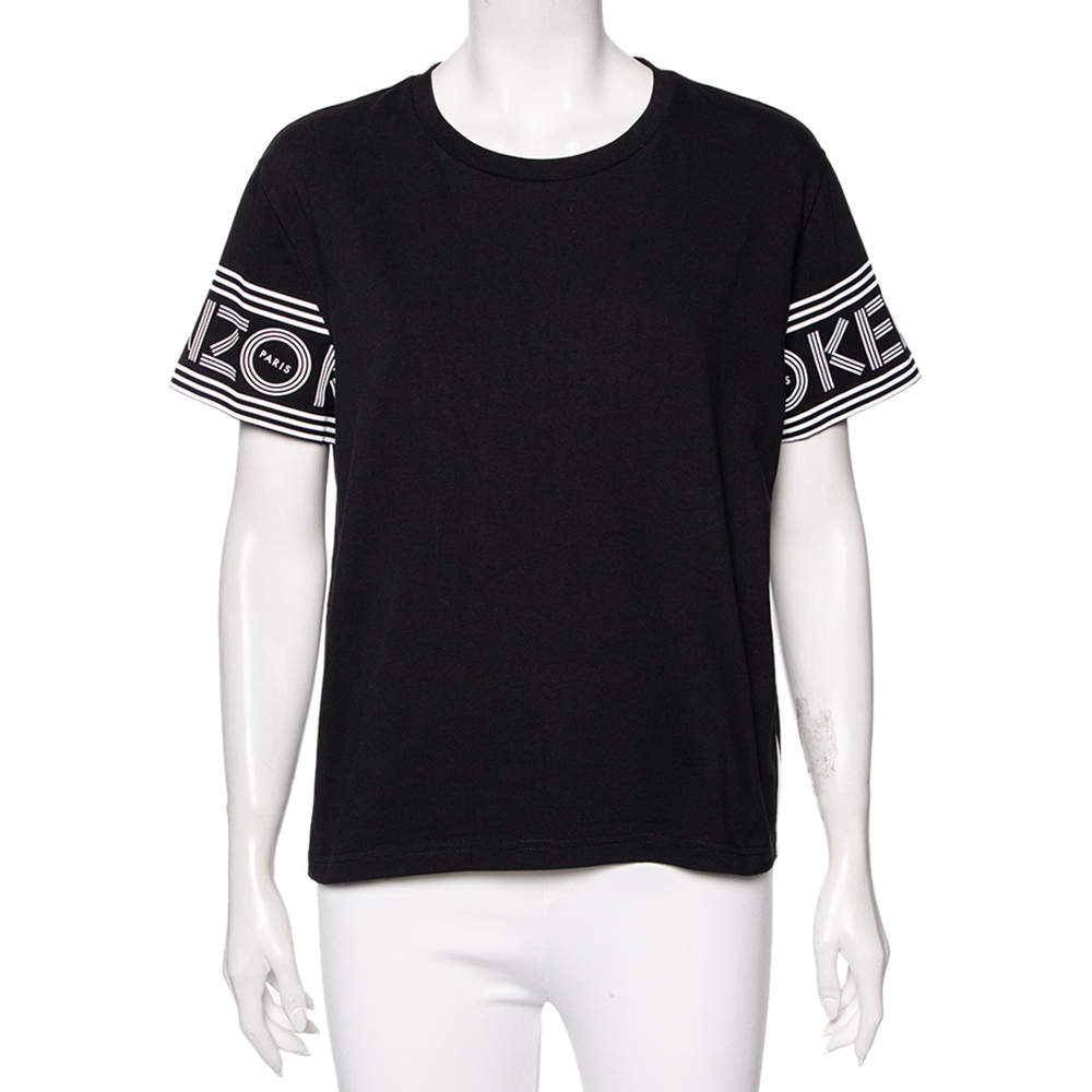 Pre Owned Kenzo Black Cotton Knit Logo Print Sleeve T-Shirt XL