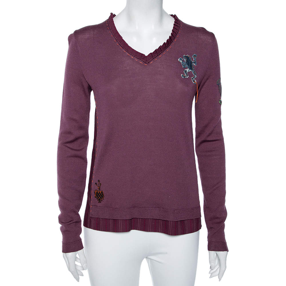 Pre Owned Kenzo Purple Wool Embroidered Detailed Long Sleeve Top S