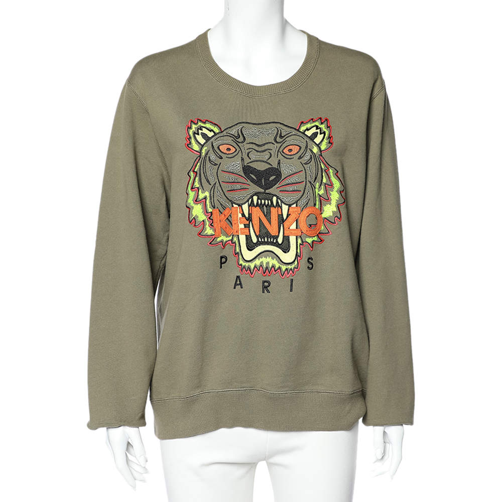 Pre Owned Kenzo Green Tiger Embroidered Cotton Knit Sweatshirt L
