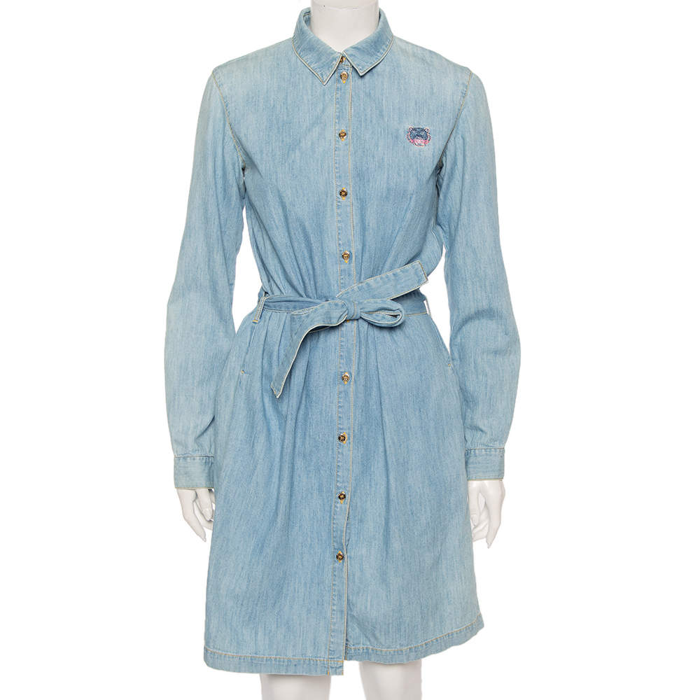 Pre Owned Kenzo Blue Denim Tiger Motif Embroidered Button Front Belted Shirt Dress S 