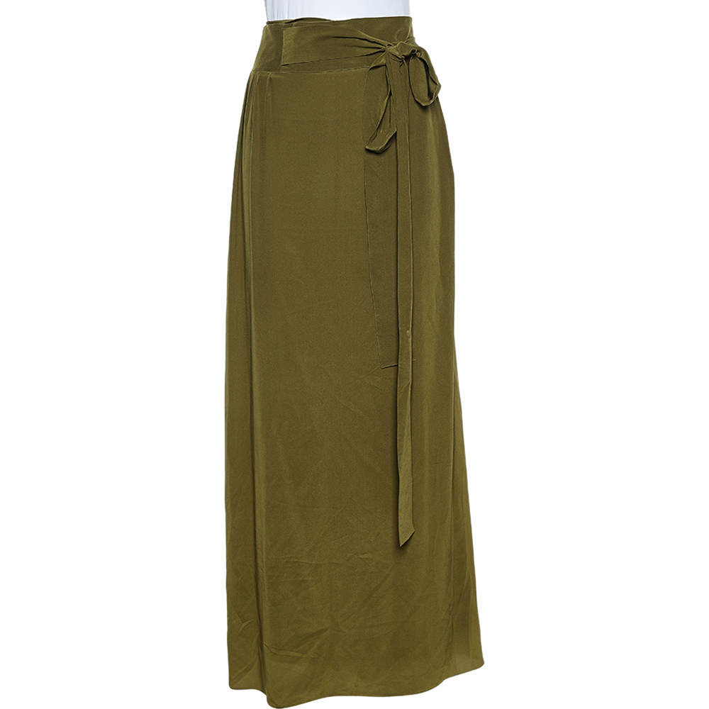 Pre Owned Kenzo Olive Green Crepe Belted Maxi Skirt XL