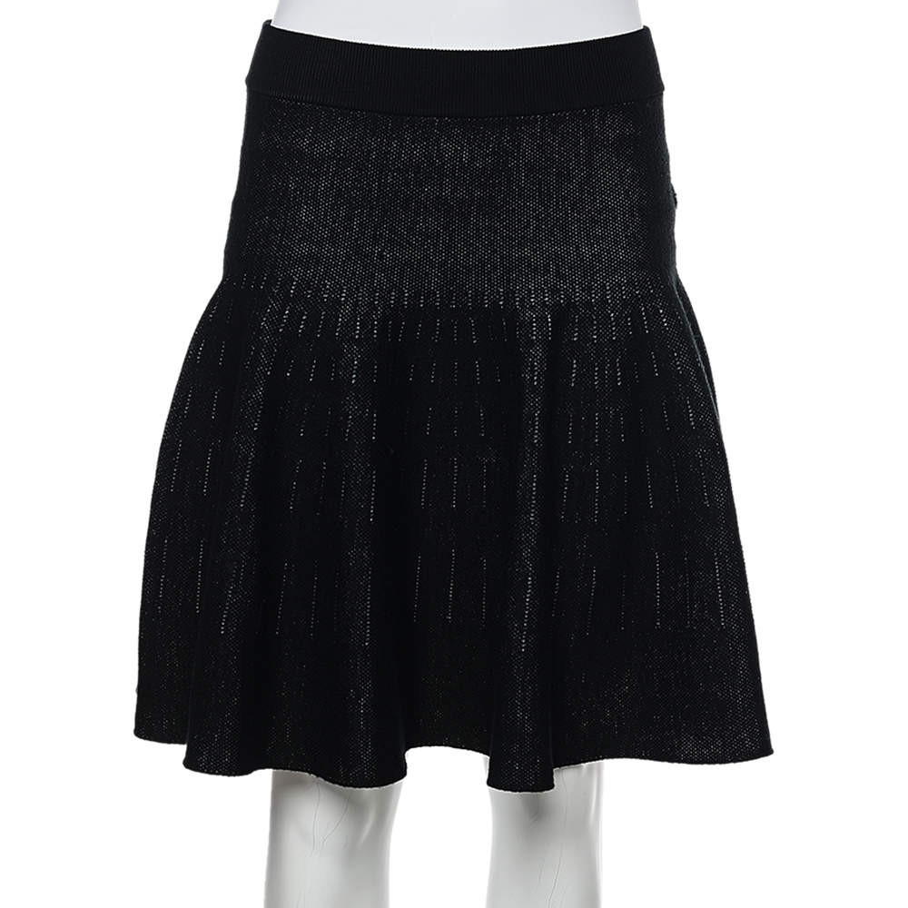 Pre Owned Kenzo Black Wool & Cotton Knit Flared Mini Skirt XL