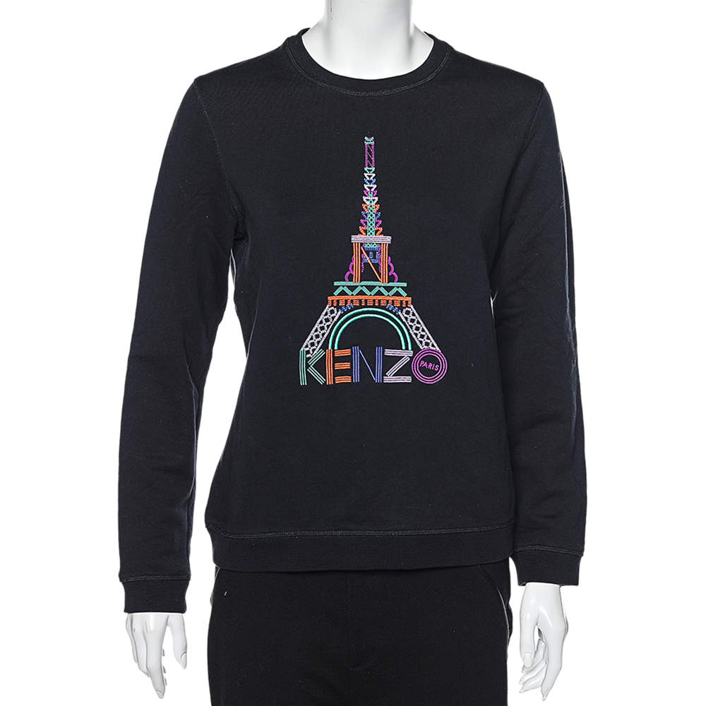 Pre Owned Kenzo Black Eiffel Tower Logo Embroidered Cotton Crewneck Sweatshirt L