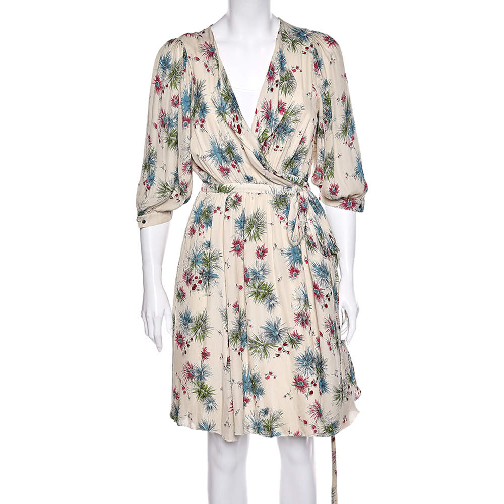Pre Owned Kenzo Cream Floral Printed Silk Wrap Dress L