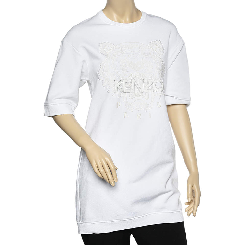 Kenzo White Logo Embroidered Cotton Sweatshirt Dress M 