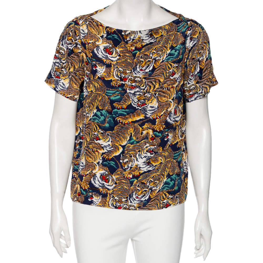 Pre Owned Kenzo Multicolored Tiger Printed Silk Blouse M
