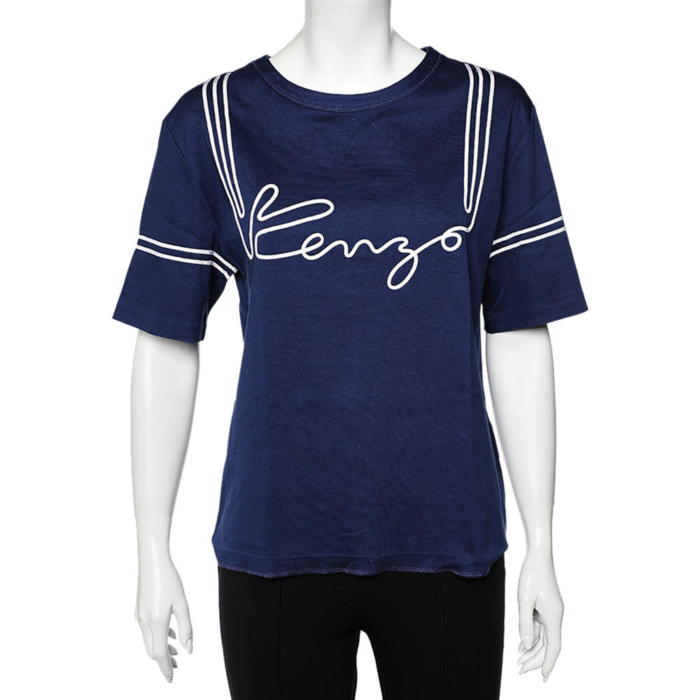 Pre Owned تي شيرت كينزو قطن أزرق كحلي مزين حافة شعار الماركة مقاس كبير (لارج)