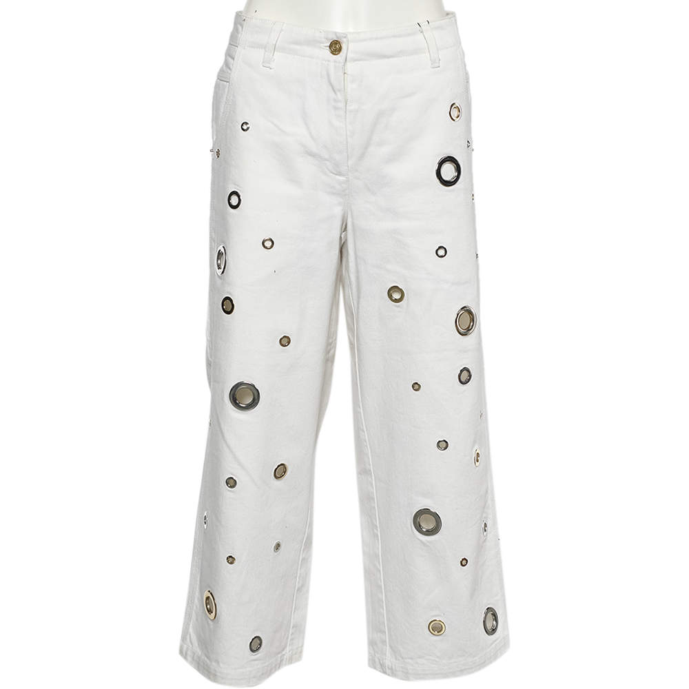 Pre Owned Kenzo Jungle White Denim Eyelet Cropped Jeans M