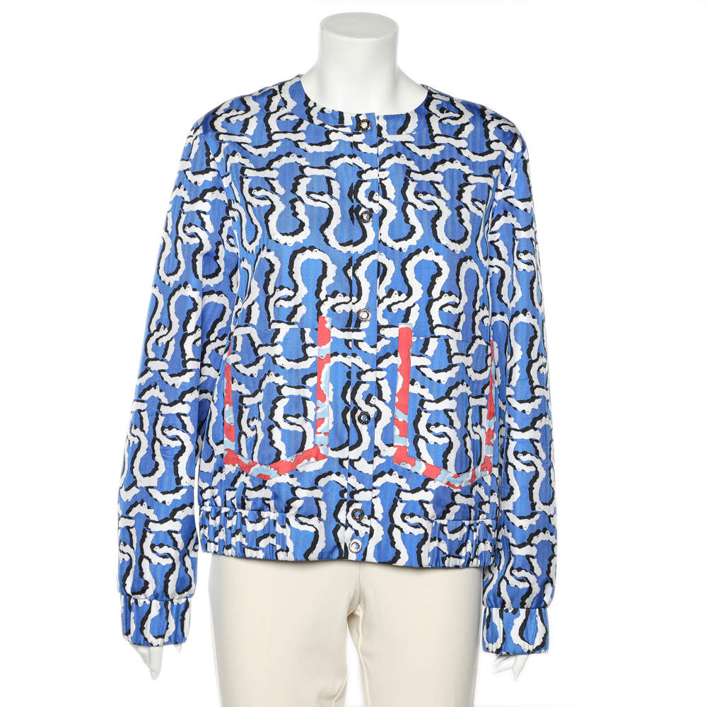 Pre Owned Kenzo Blue Links Printed Silk Button Front Jacket L