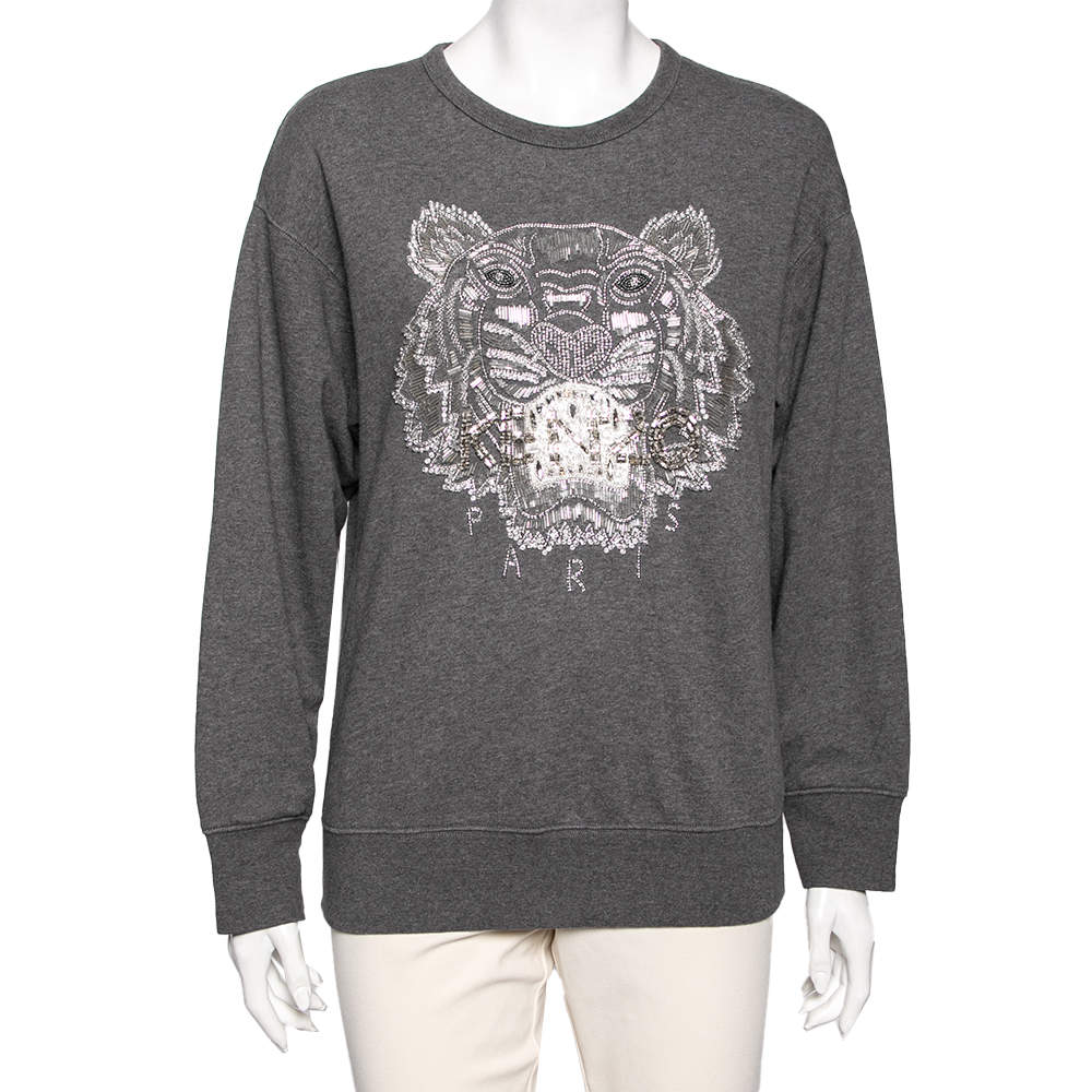 مملوكة مسبقًا Kenzo Grey Cotton Tiger Embellished Long Sleeve Sweatshirt S