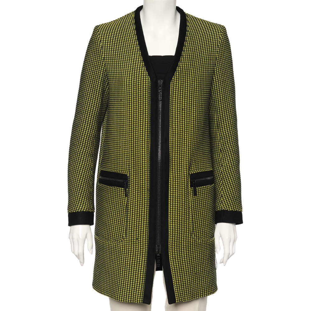 Pre Owned Kenzo Yellow & Black Textured Knit Paneled Short Coat M