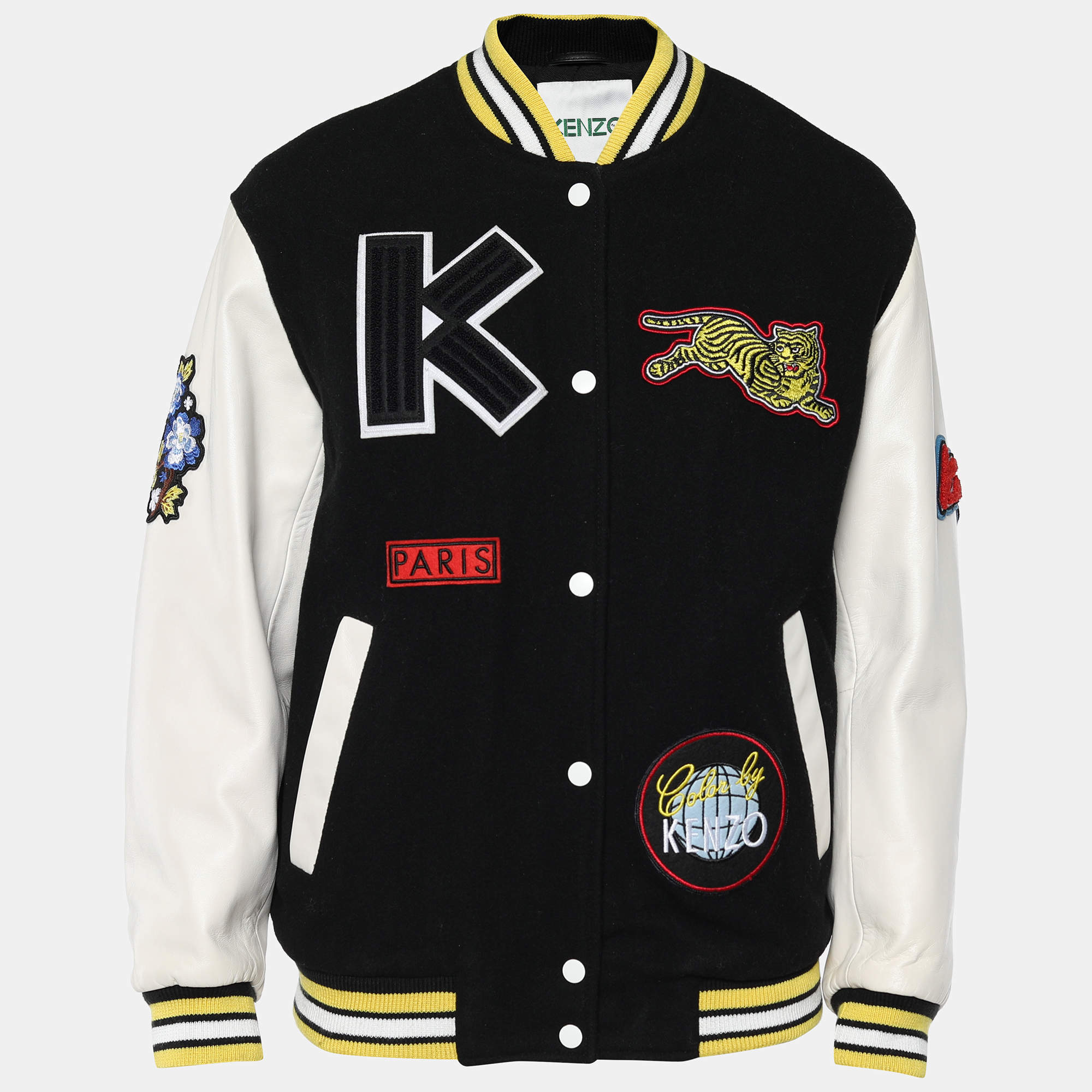 Pre Owned Kenzo Black Wool Logo Patch Varsity Bomber Jacket S