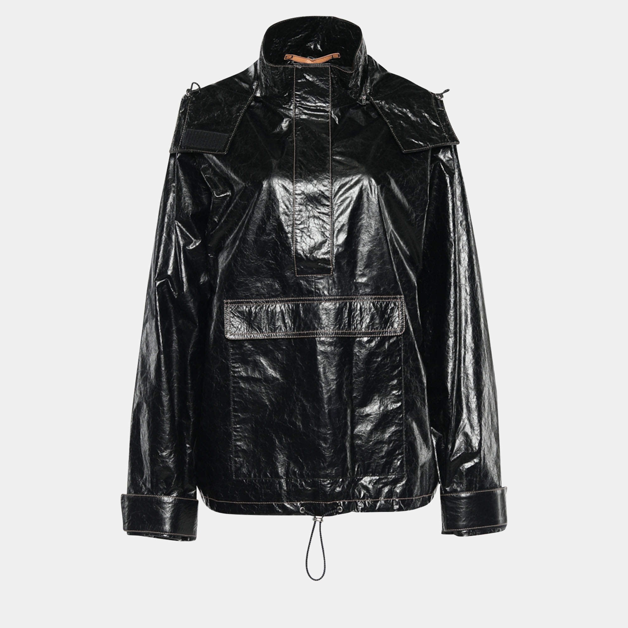 Kenzo Black Crackled Leather Hooded Windbreaker Jacket M