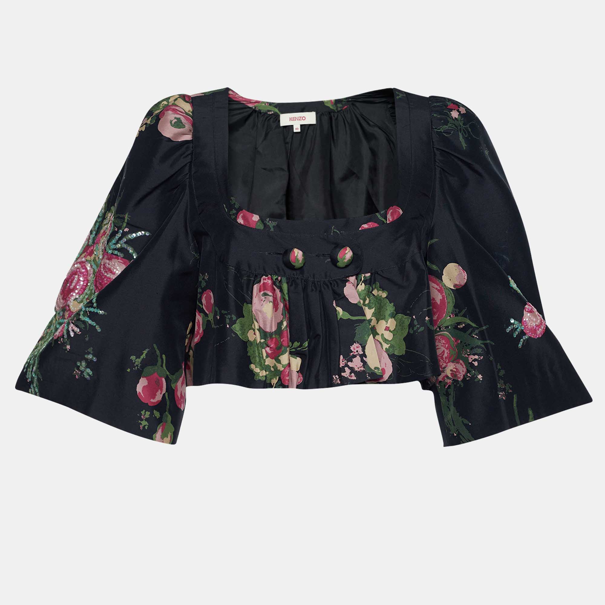 Pre Owned Kenzo Black Floral Printed Silk Sequin Embellished Detailed Shrug M